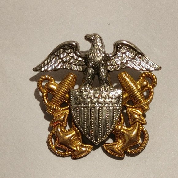 Vintage Sterling & 1/20 10k GF Navy Officer Pin Signed HH Eagle Shield Anchors - Picture 1 of 5